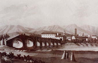 Il ponte mediceo sulla Sieve a Borgo; sullo sfondo a destra si entra nellOratorio a Cappella; a sinistra lantica concia. Sec. XVI (incisione dei Terreni)